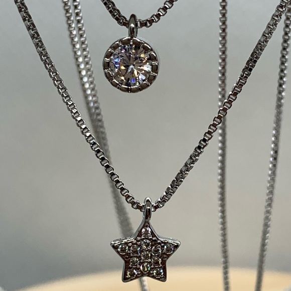 🌟 Sterling Silver 925 CZ Double Star Necklace - Picture 3 of 4